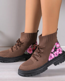 Flowers Print Sock Knitted Mesh Breathable Autumn Winter Ankle Boots