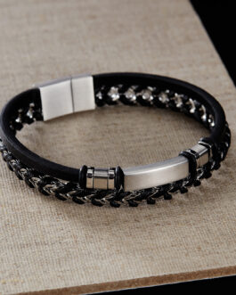 Stainless Steel Glossy Double-layer Woven Leather Bracelet