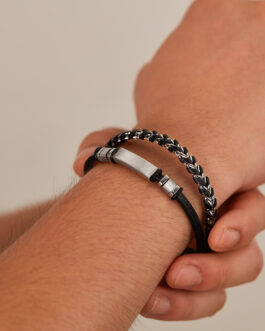 Stainless Steel Glossy Double-layer Woven Leather Bracelet