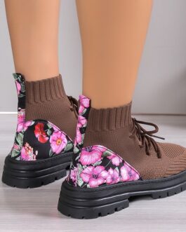 Flowers Print Sock Knitted Mesh Breathable Autumn Winter Ankle Boots