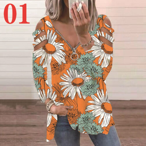 Long Sleeve Low Cut Printed Strap Long Sleeve T-Shirt - Image 2