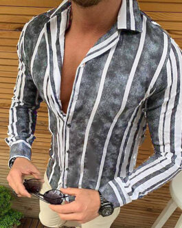 Men’s Striped Print Slim Lapel Long Sleeve Shirt