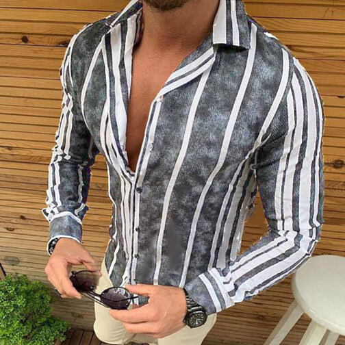 Men's Striped Print Slim Lapel Long Sleeve Shirt - Image 2