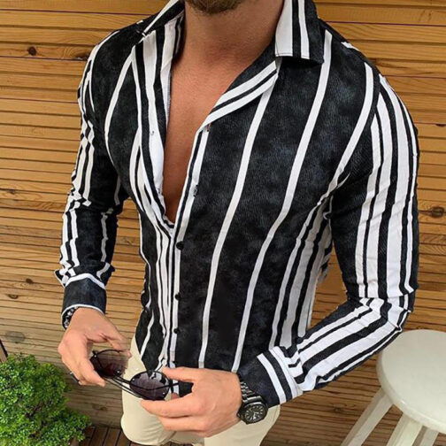 Men's Striped Print Slim Lapel Long Sleeve Shirt - Image 5