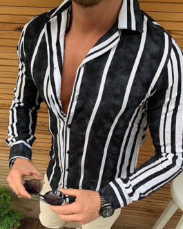 Men’s Striped Print Slim Lapel Long Sleeve Shirt