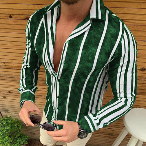 Men's Striped Print Slim Lapel Long Sleeve Shirt - Image 3