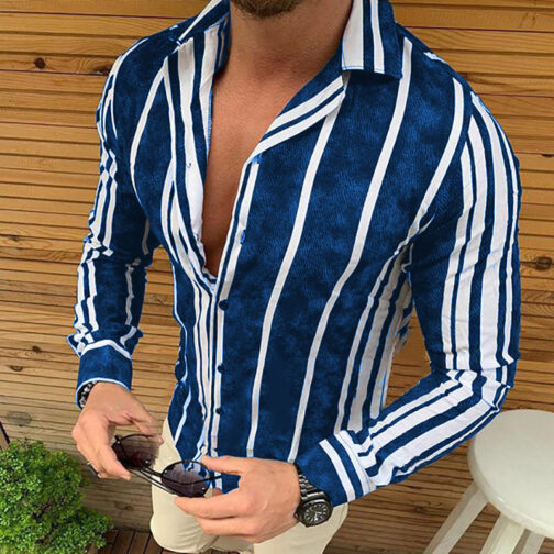 Men's Striped Print Slim Lapel Long Sleeve Shirt - Image 4