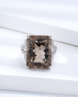 Natural Tea 925 Silver Set Geometric Square Smoky Crystal Ring