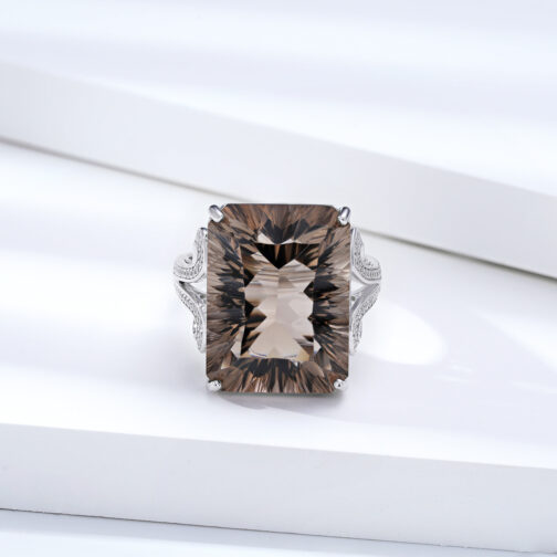 Natural Tea 925 Silver Set Geometric Square Smoky Crystal Ring - Image 2