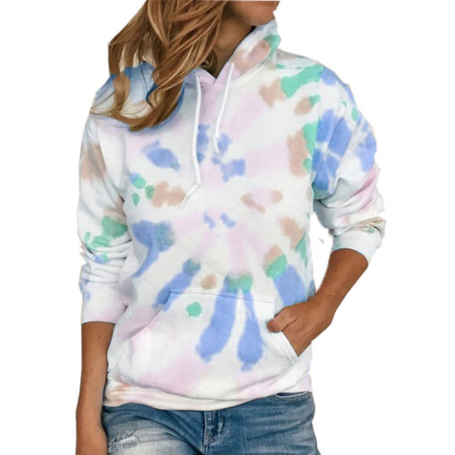 Long Sleeve Casual Tie Dye Print Colorful Hooded Long Sleeve Sweatshirt - Image 5