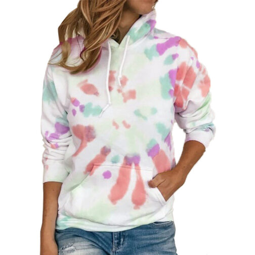 Long Sleeve Casual Tie Dye Print Colorful Hooded Long Sleeve Sweatshirt - Image 3