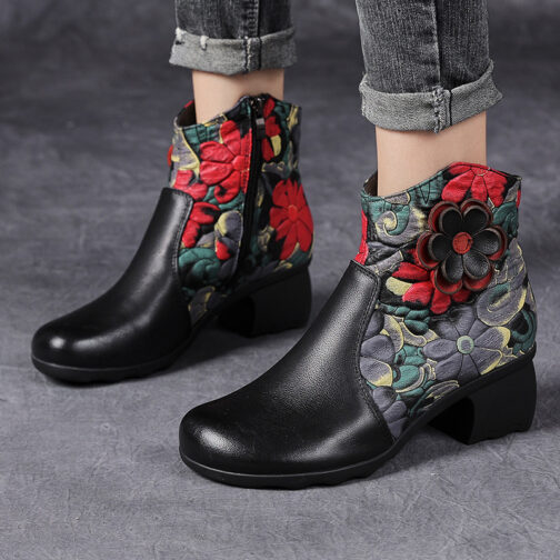 Simple Ethnic Thick Heel Flowers Comfortable Retro Boots - Image 5