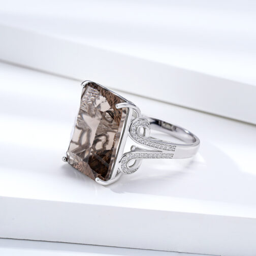 Natural Tea 925 Silver Set Geometric Square Smoky Crystal Ring - Image 5