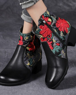 Simple Ethnic Thick Heel Flowers Comfortable Retro Boots