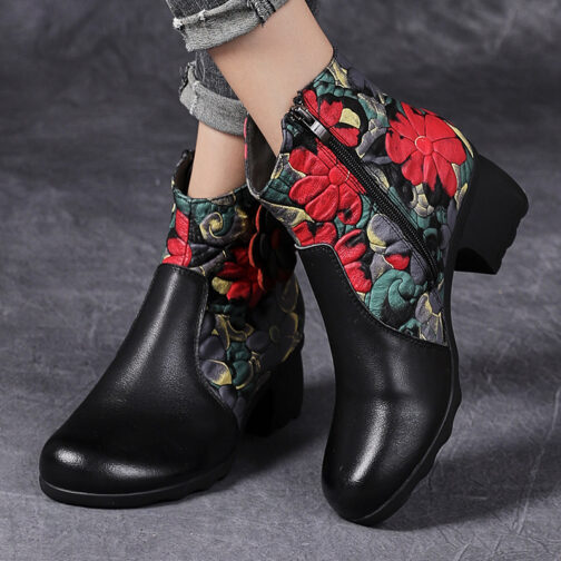 Simple Ethnic Thick Heel Flowers Comfortable Retro Boots - Image 2