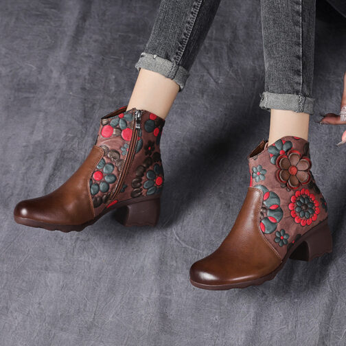 Simple Ethnic Thick Heel Flowers Comfortable Retro Boots - Image 3