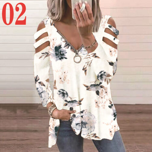 Long Sleeve Low Cut Printed Strap Long Sleeve T-Shirt - Image 4