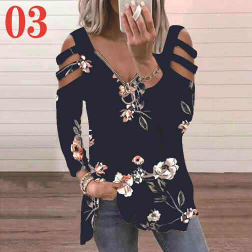 Long Sleeve Low Cut Printed Strap Long Sleeve T-Shirt - Image 8