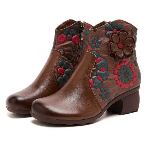 Simple Ethnic Thick Heel Flowers Comfortable Retro Boots - Image 4