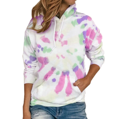 Long Sleeve Casual Tie Dye Print Colorful Hooded Long Sleeve Sweatshirt - Image 6