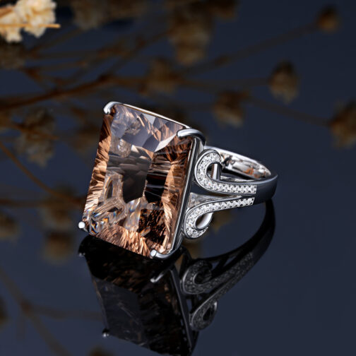 Natural Tea 925 Silver Set Geometric Square Smoky Crystal Ring - Image 3