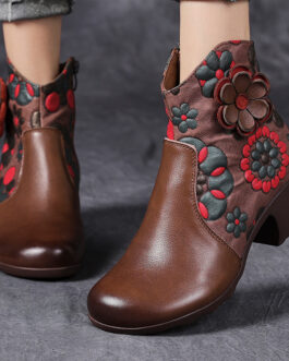 Simple Ethnic Thick Heel Flowers Comfortable Retro Boots