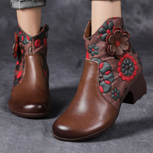 Simple Ethnic Thick Heel Flowers Comfortable Retro Boots