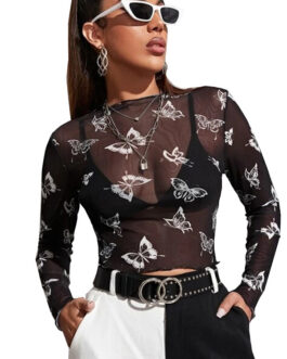 Sexy Mesh Butterfly Long Sleeve Mesh T-shirt