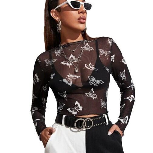 Sexy Mesh Butterfly Long Sleeve Mesh T-shirt